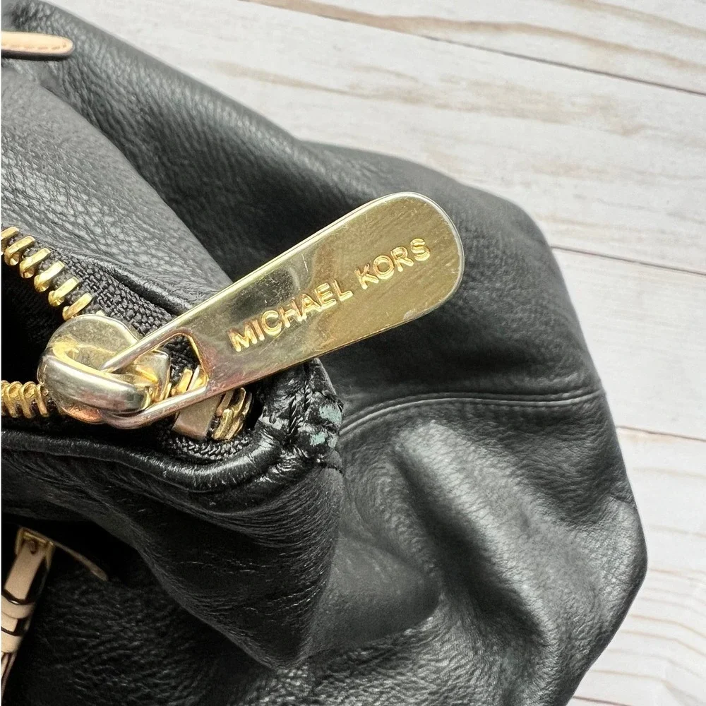 Michael Kors‎ Bedford Black Pebbled Leather Tote Bag Tan Straps Gold Hardware